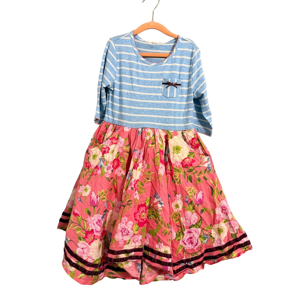 Matilda Jane Dress Girls 8 Blue Pink Striped Floral Mixed Media Velvet Trim NWT